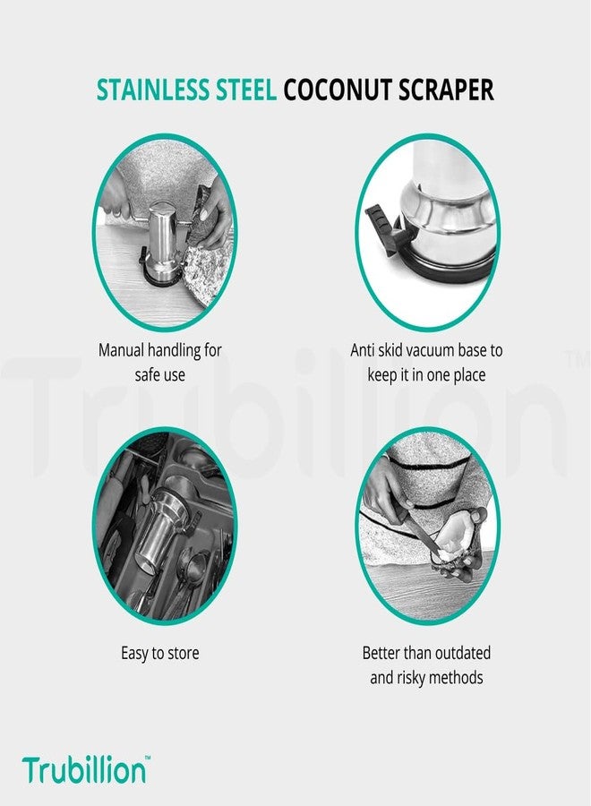 TRUBILLION مكشطة جوز الهند من الفولاذ المقاوم للصدأ من تروبيليون كوكوسكريب، مزودة بقاعدة شفط، ومقبض دوار يدوي، وشفرات حادة، وسطح مانع للانزلاق، وآمنة للغسل في غسالة الأطباق، ومقاومة للصدأ، وسهلة الاستخدام، وتصميم صغير الحجم، صنع في الهند (أسود). - Image 3